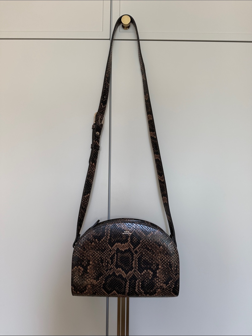 A.P.C. Python-Print Dome Crossbody Bag in Brown and Black